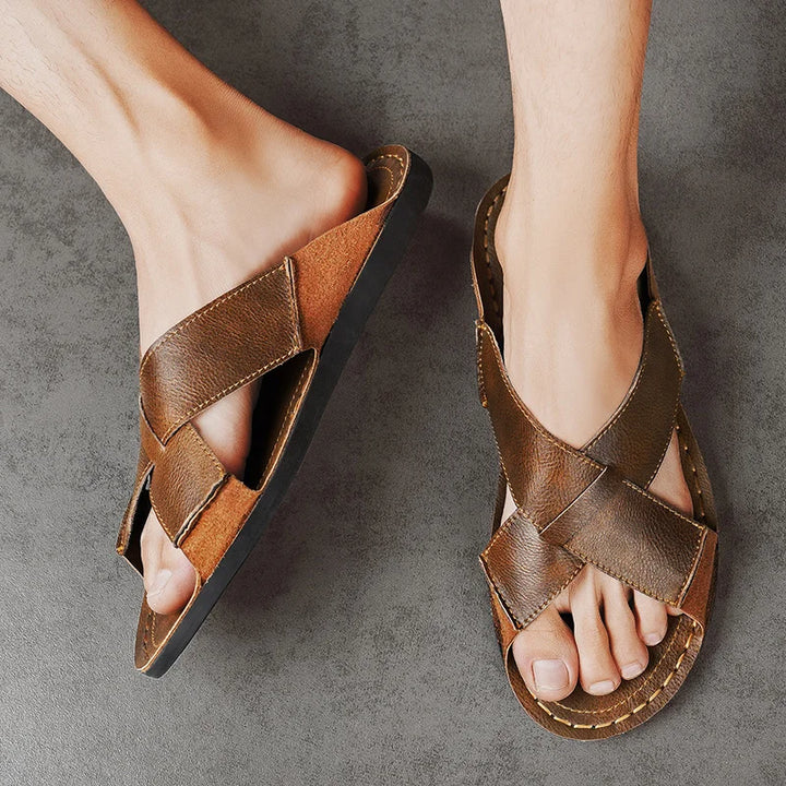 Men's Leather Open Toe Home Slippers Plus Size Black Brown