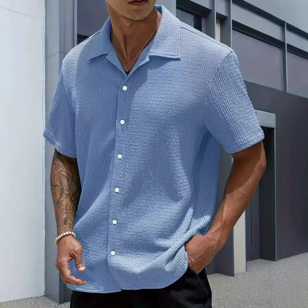 Men's Textured Cuban Collar Button-Front Shirt