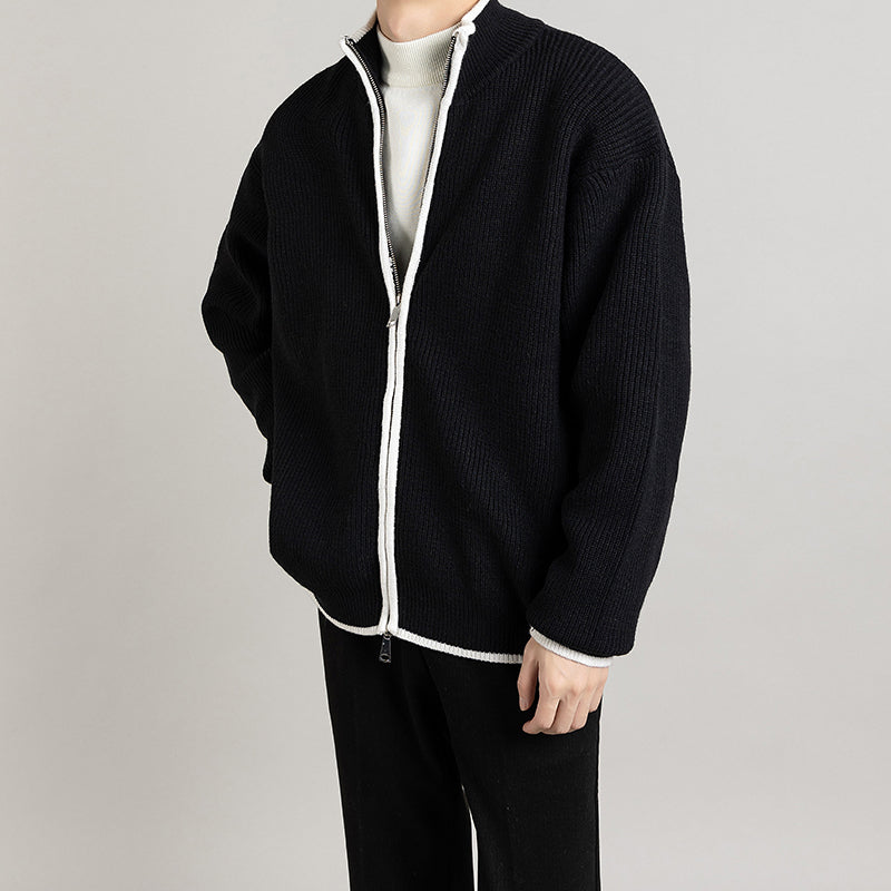 Side view of a men's open front cardigan with long sleeves