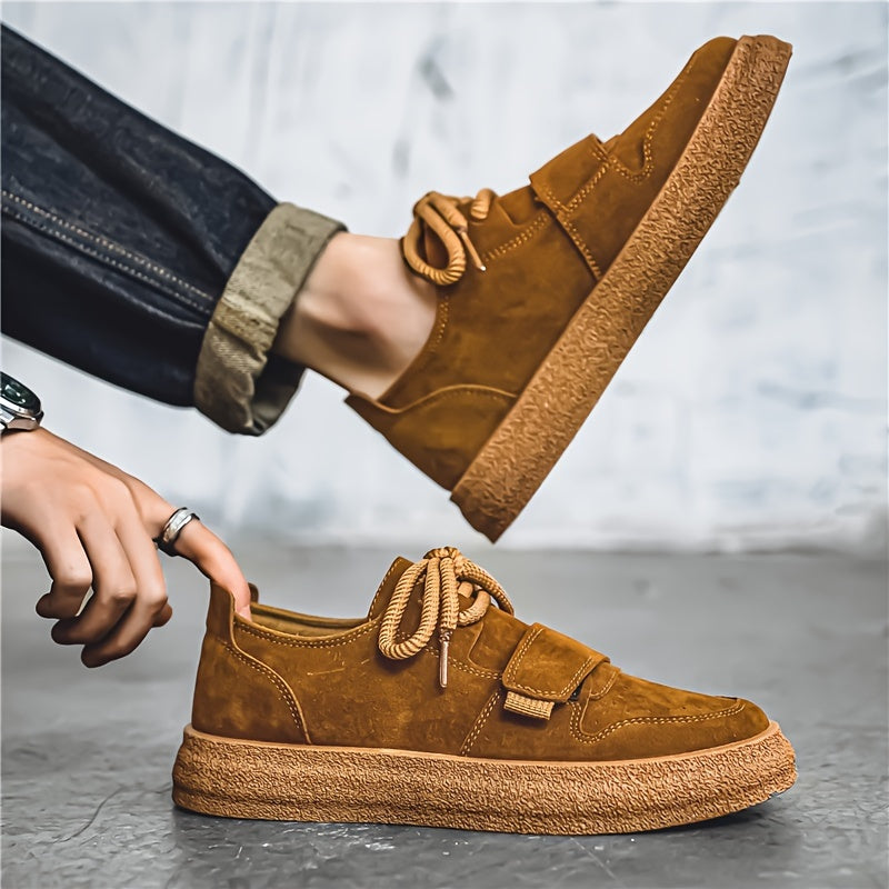 Side view of men's suede trainers with chunky sole and lace-up fastening