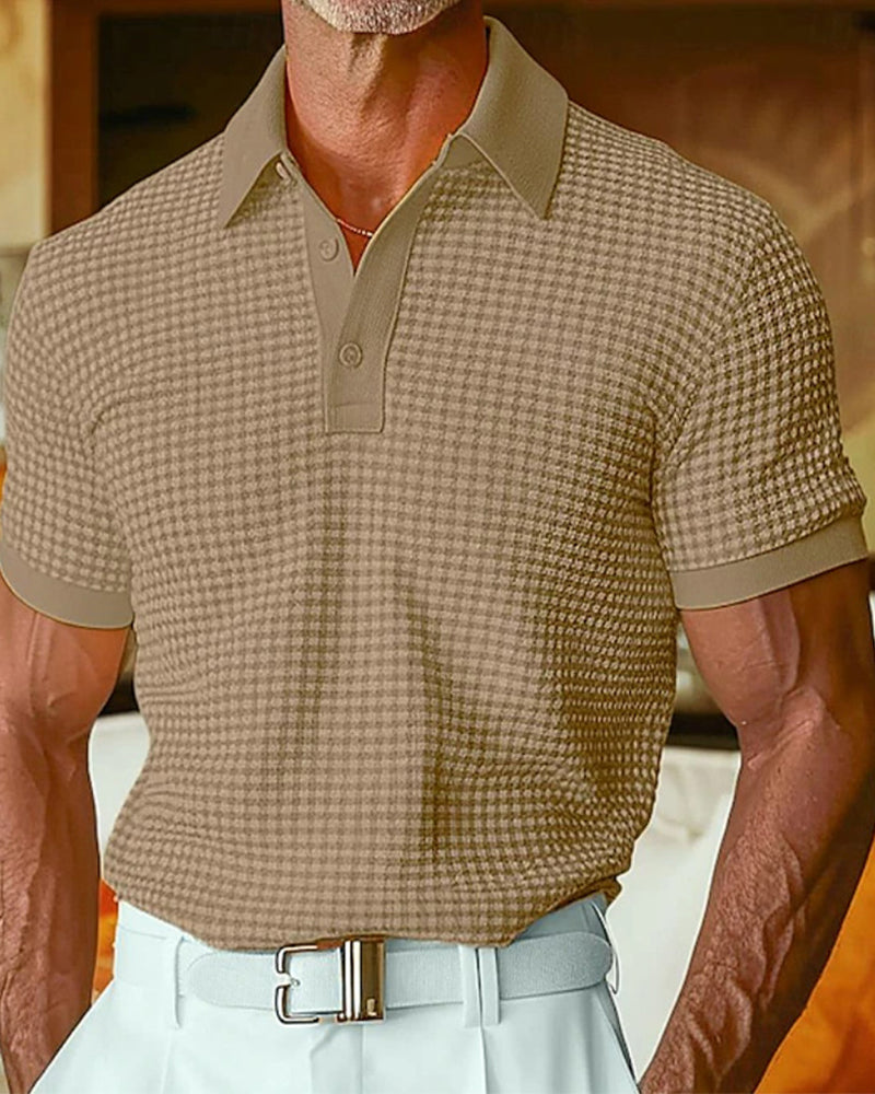 Men's collared button polo shirt with short sleeves, angled view