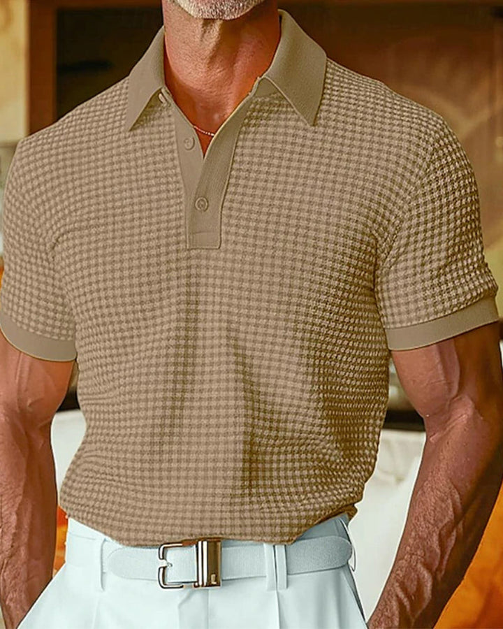 Men's collared button polo shirt with short sleeves, angled view