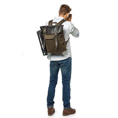 Canvas Leather Camera Backpack Vintage Khaki Green