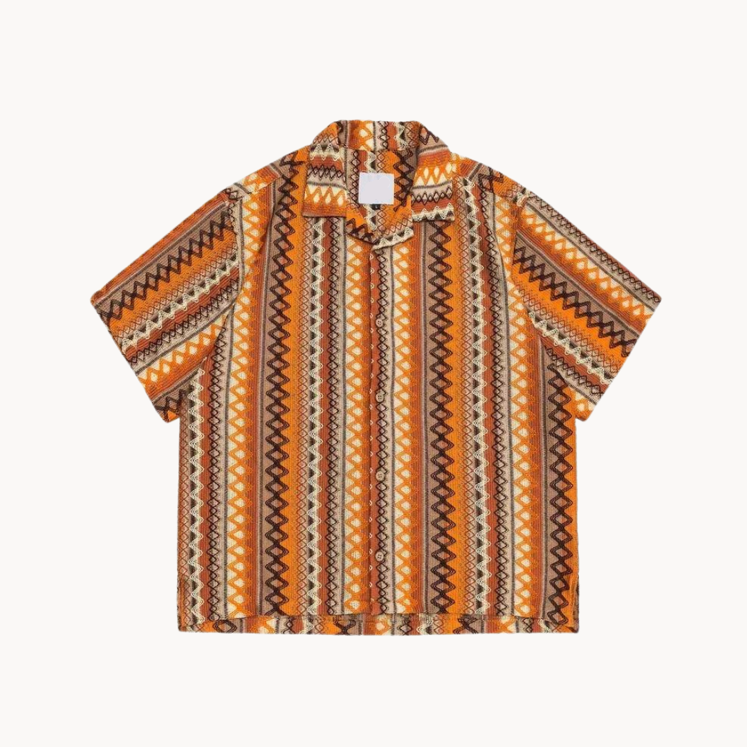 Men's geometric stripe shirt with camp collar and button front