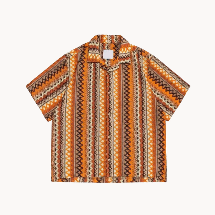 Men's geometric stripe shirt with camp collar and button front
