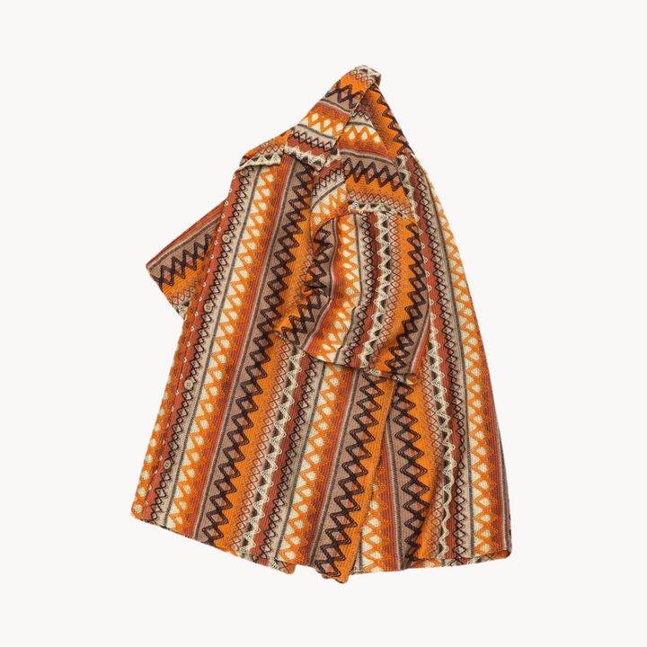 Back view of men's geometric stripe shirt with relaxed fit