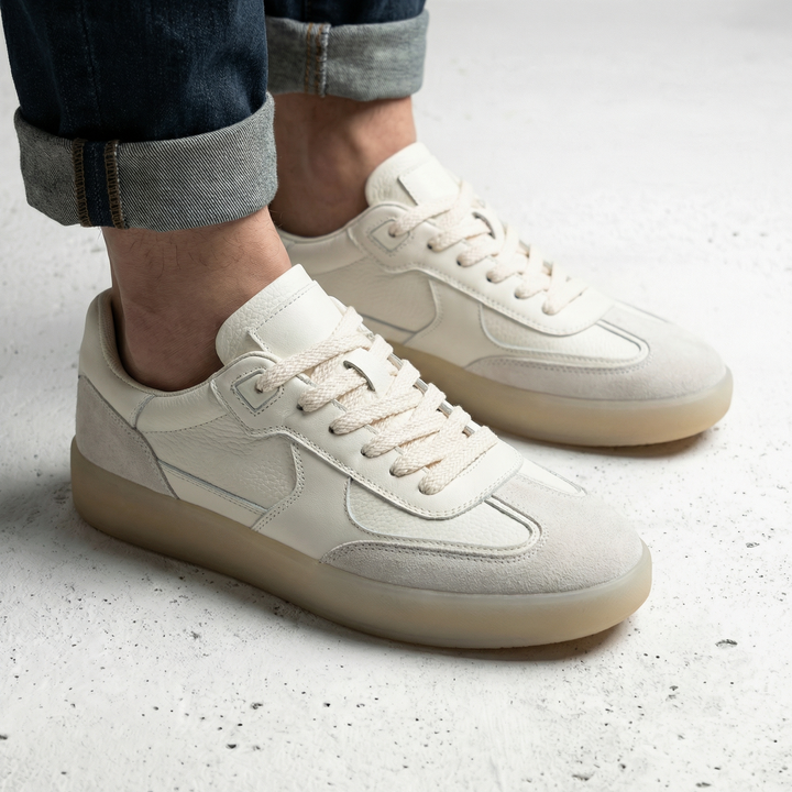 Men's low top faux leather trainers with lace-up front, side view