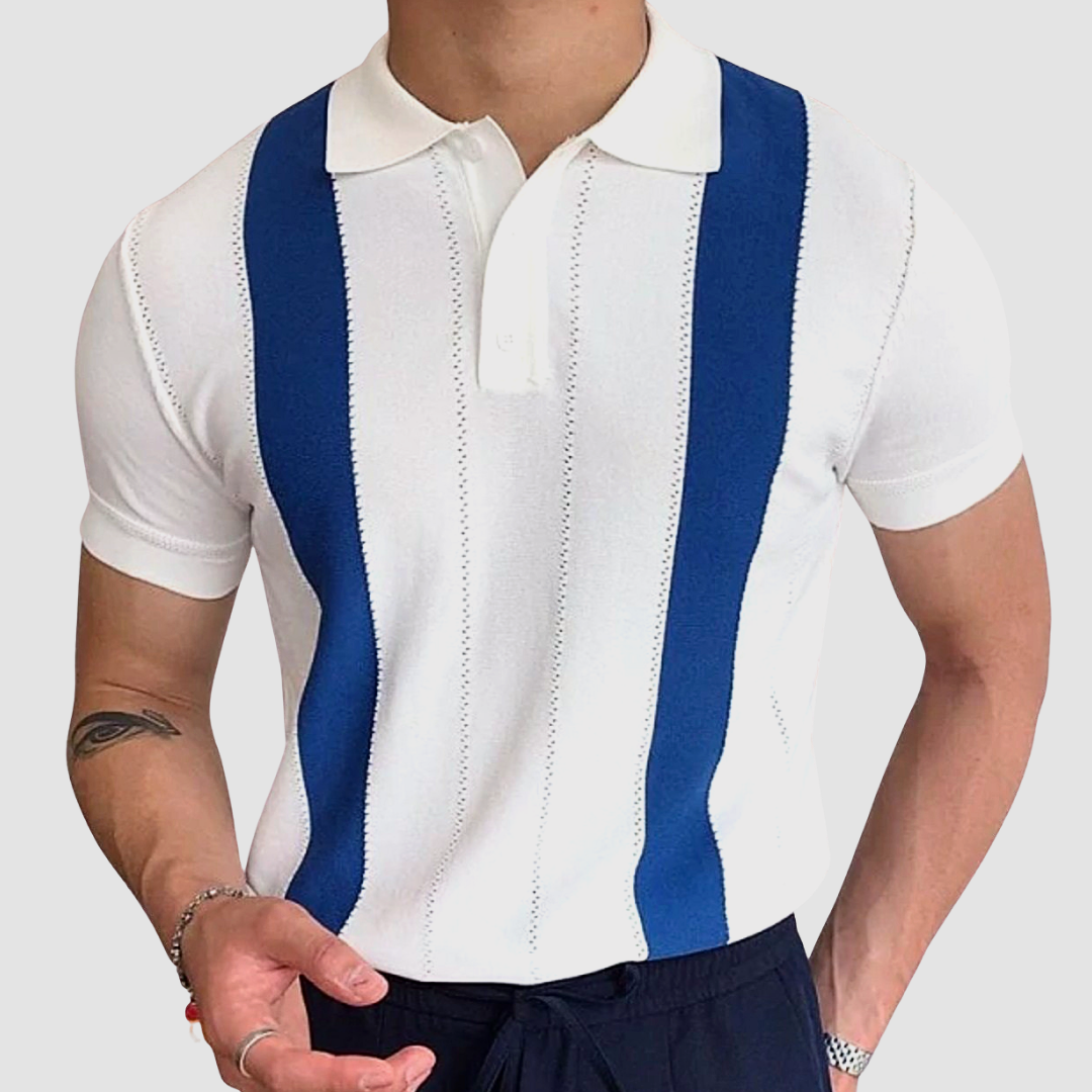 Men's knit polo shirt with vertical stripes and button placket, smart casual style
