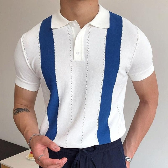 Front view of men's striped knit polo shirt with collar and button placket