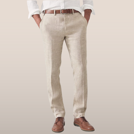 Men's straight leg linen trousers in a casual full-length front view