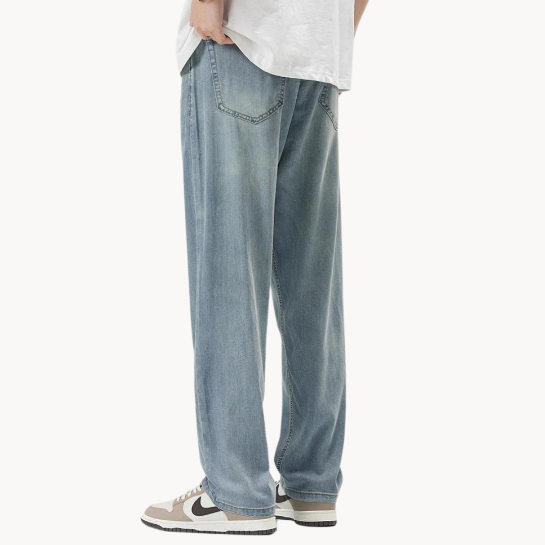 Men's straight-leg lyocell blend trousers with 5-pocket design, back view