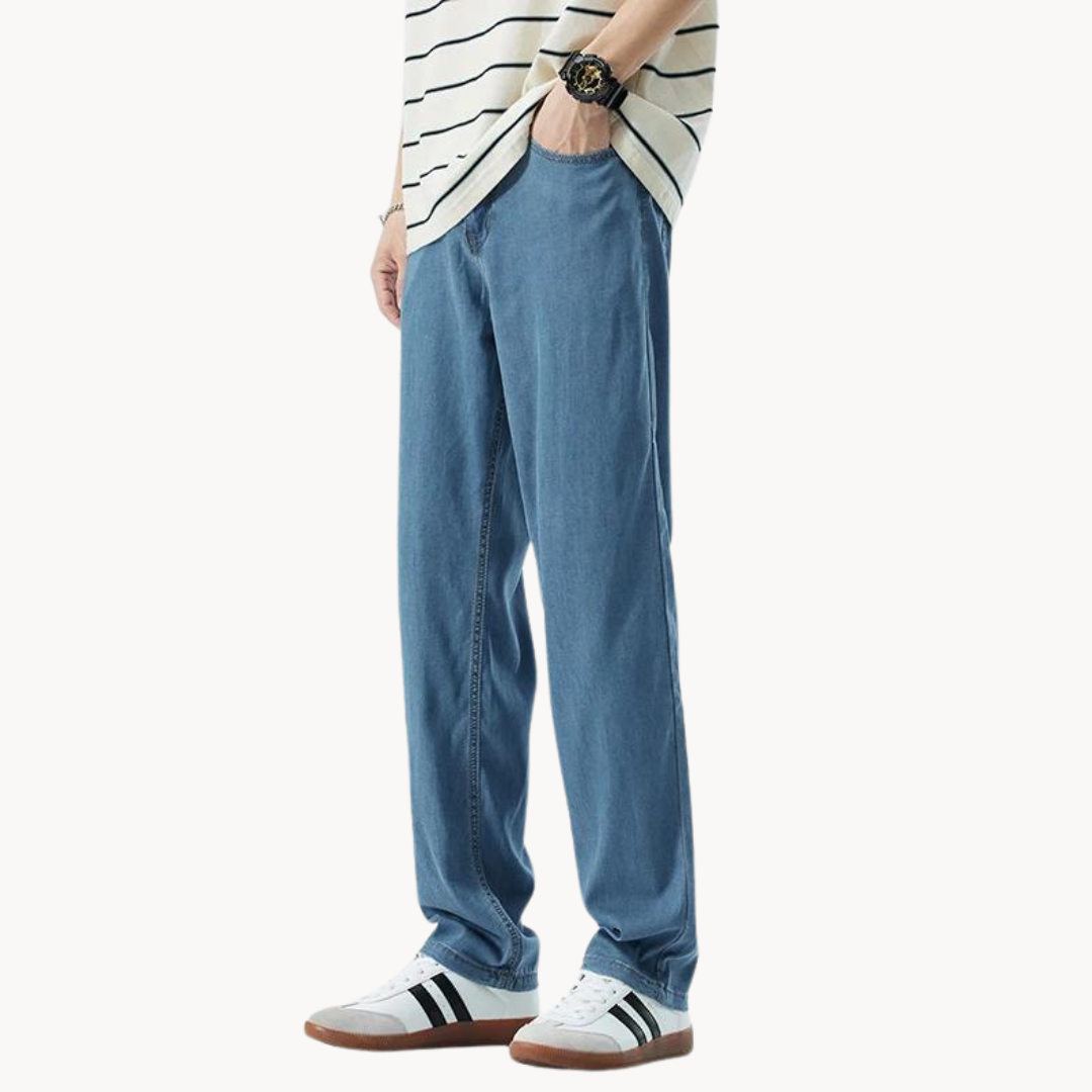 Close-up of the waistband and front pockets on men's lyocell blend trousers