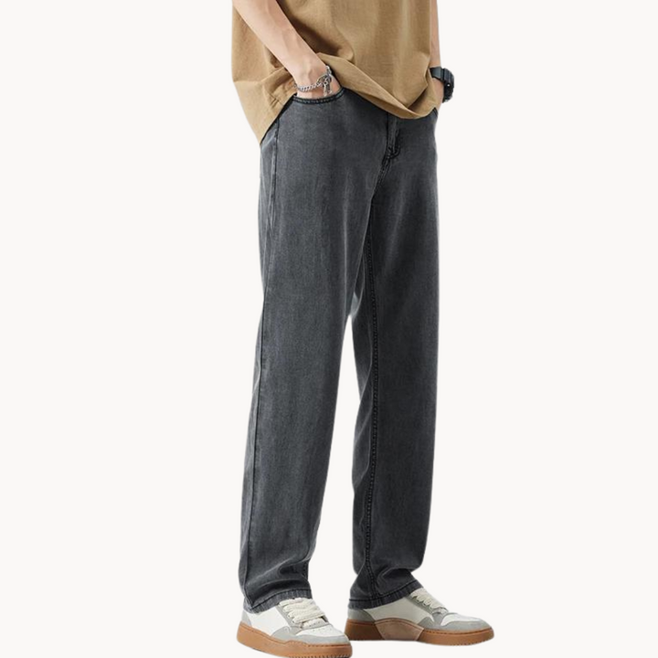 Close-up of the straight-leg cut on men's lyocell blend trousers