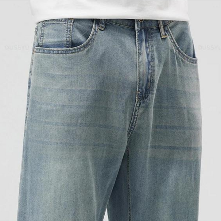 Full-length view of men's 5-pocket straight-leg trousers