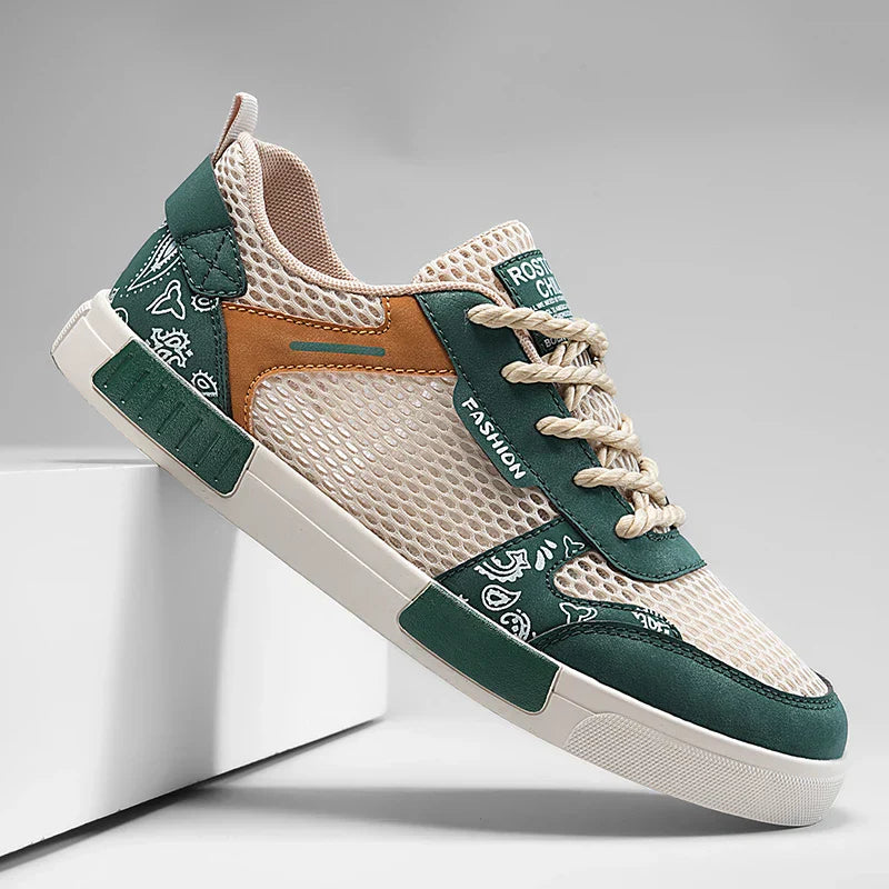Men's breathable mesh sneakers with vulcanised sole shown from an angled front view