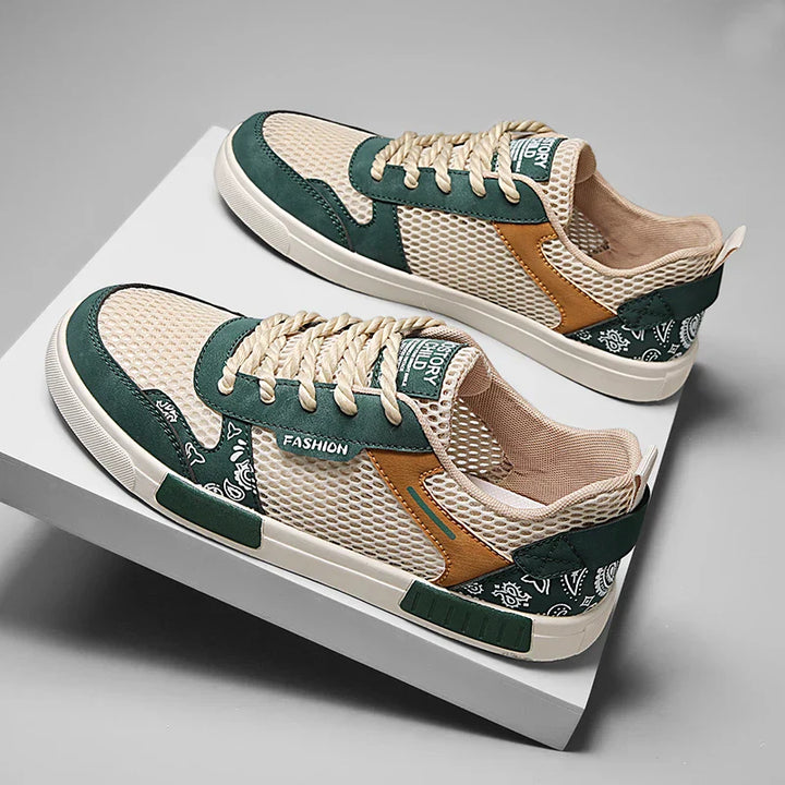 Top view of men's mesh casual sneakers showing lace-up detail and low collar