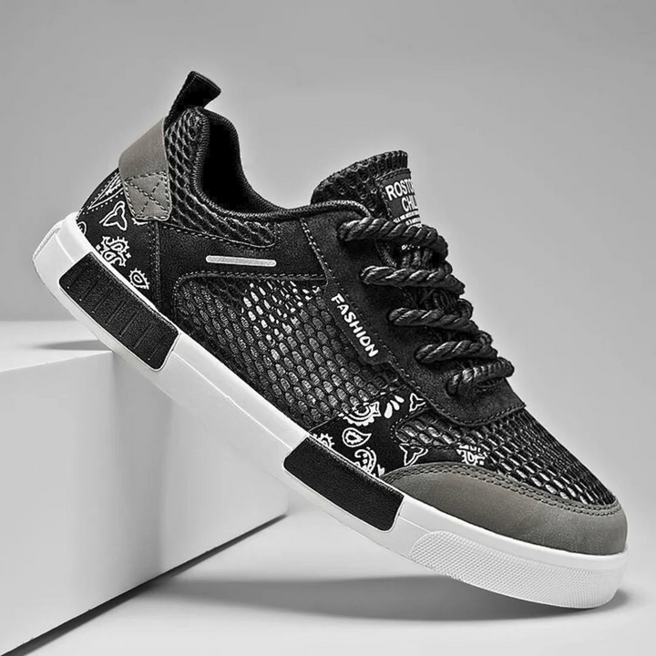 Rear view of men's low top trainers with vulcanised sole and casual styling