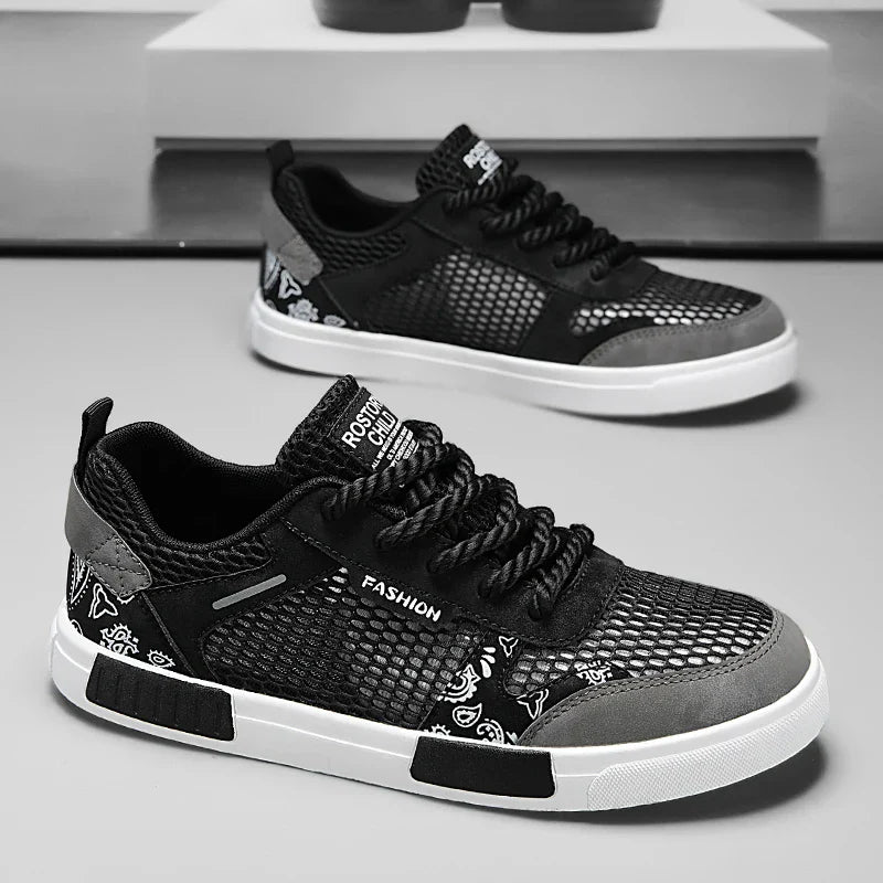 Close-up of men's casual low top trainers highlighting mesh upper and sole texture