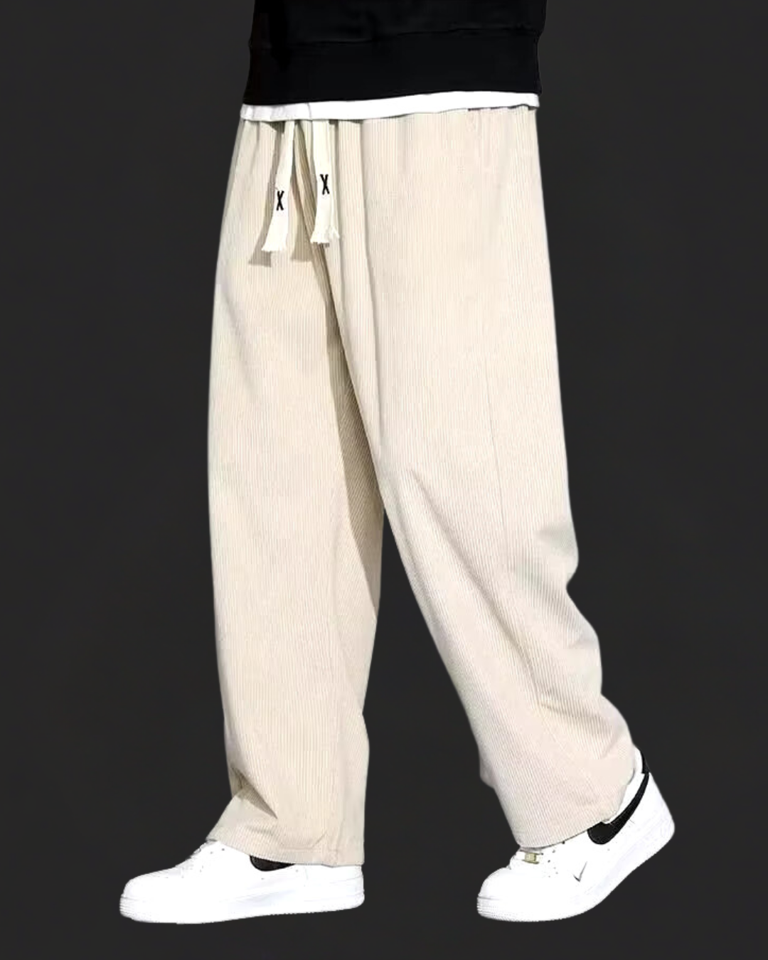 Back view of men's straight leg corduroy trousers with drawstring waist