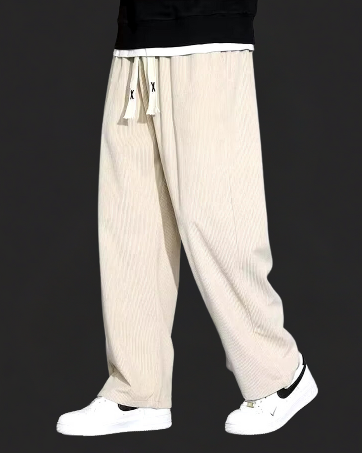 Back view of men's straight leg corduroy trousers with drawstring waist