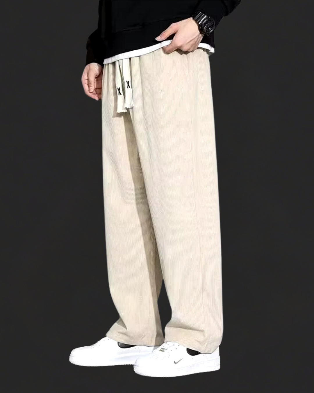 Side view of men's casual corduroy trousers with relaxed straight leg