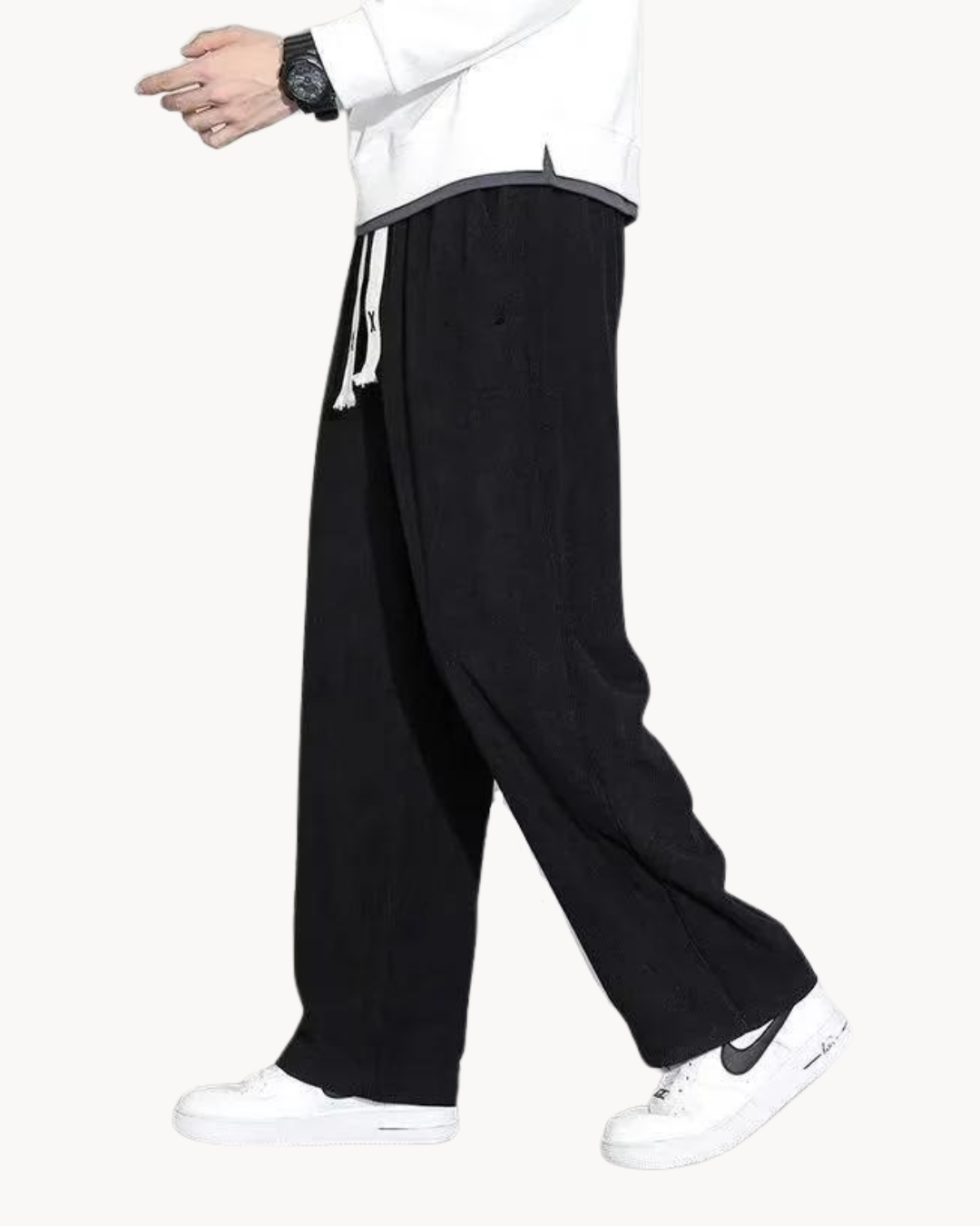 Men's straight leg corduroy trousers styled for casual everyday wear