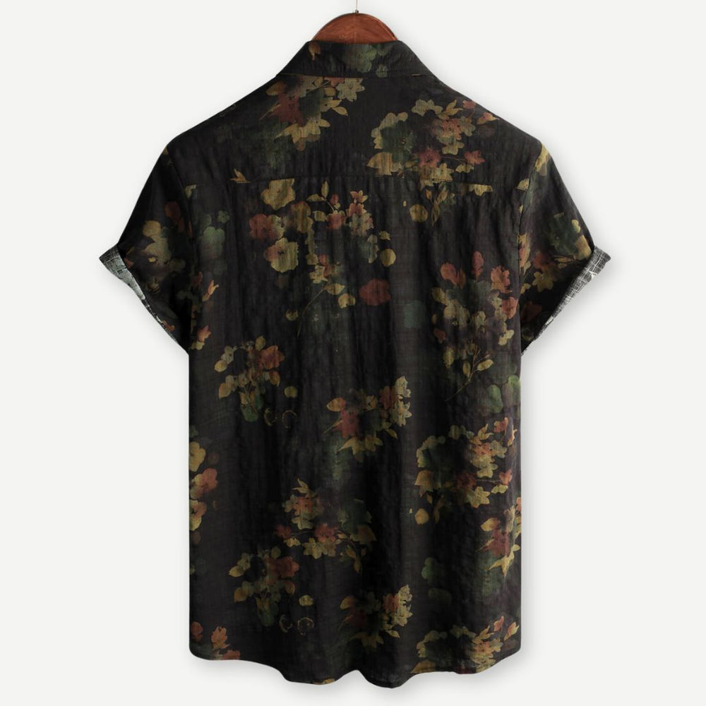 Front view of men's casual woven shirt with all-over floral print