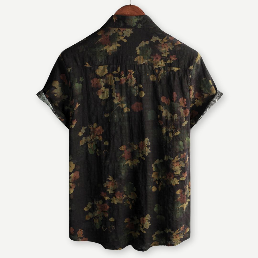 Front view of men's casual woven shirt with all-over floral print