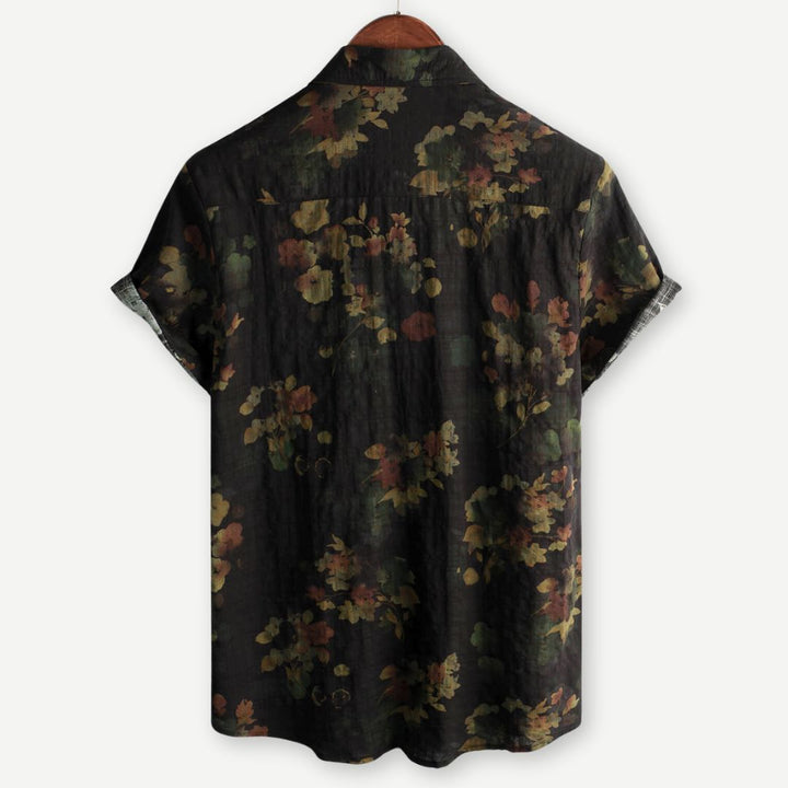 Front view of men's casual woven shirt with all-over floral print