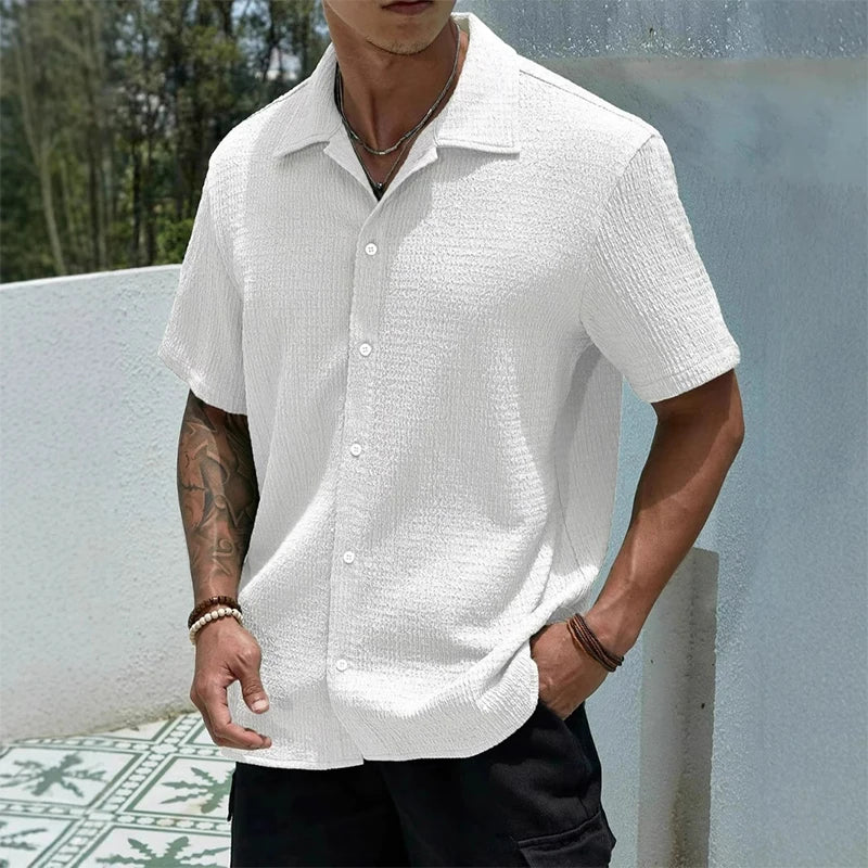 Men's Textured Cuban Collar Button-Front Shirt