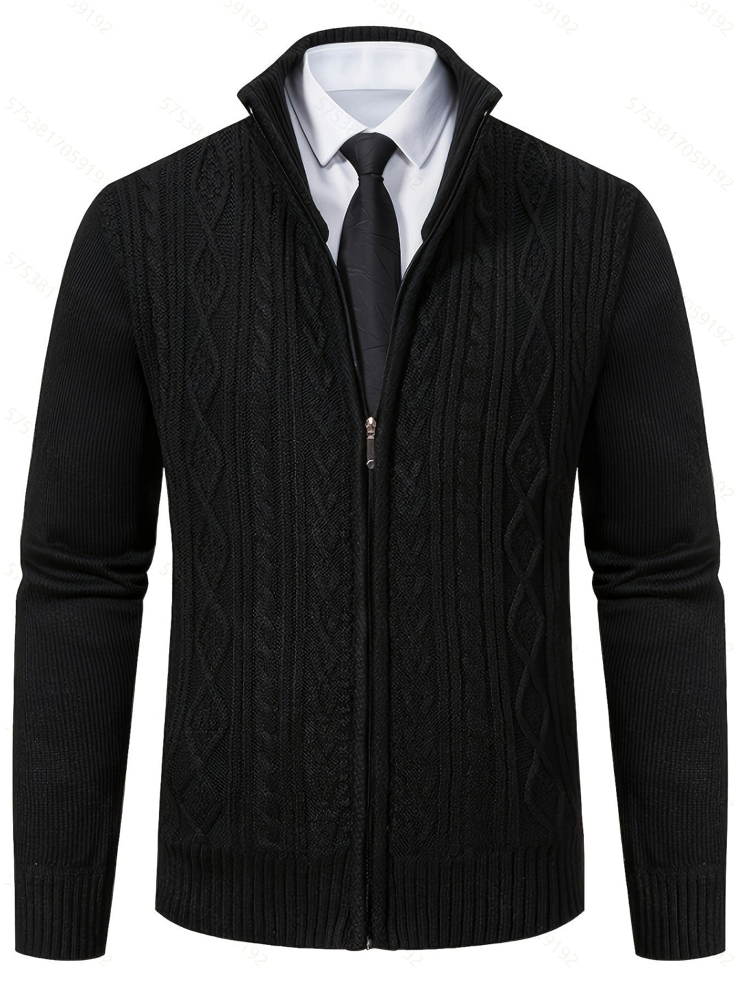 Side view showing the fit and stand collar of the men's cardigan
