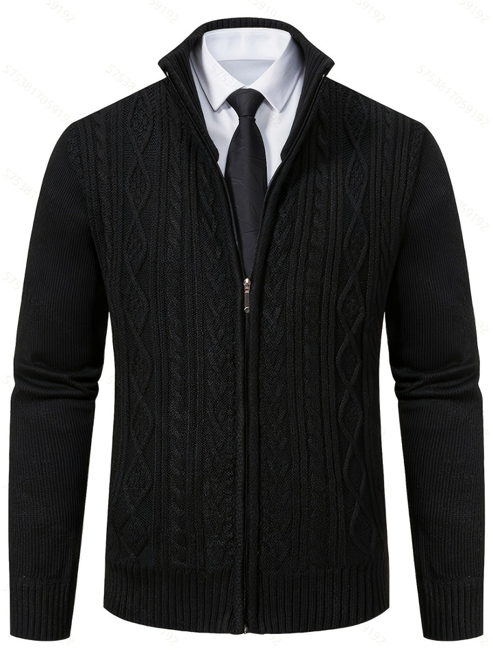 Side view showing the fit and stand collar of the men's cardigan