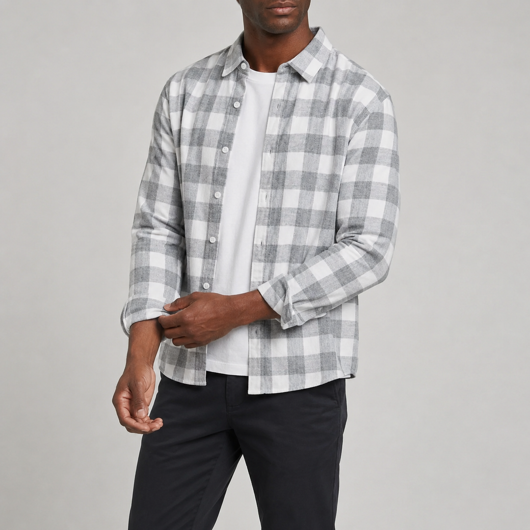 Men's check button-down shirt shown from the front