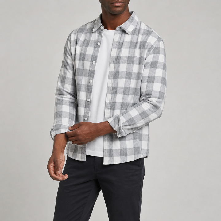 Men's check button-down shirt shown from the front