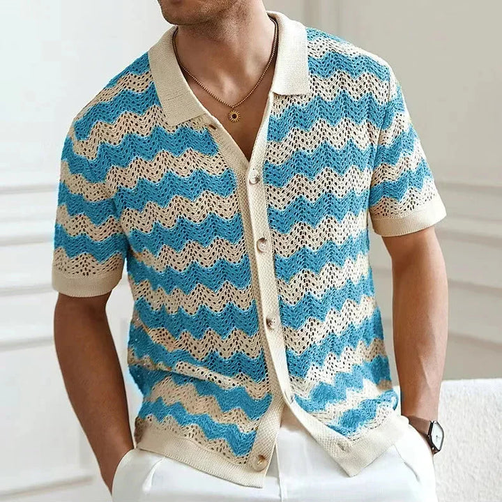 Men's chevron knit camp shirt in a retro-inspired summer style, front view