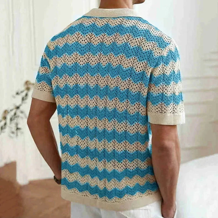 Men's textured chevron knit camp shirt with camp collar, angled front view