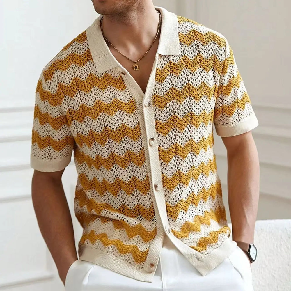 Close-up of chevron knit texture on the men's camp shirt