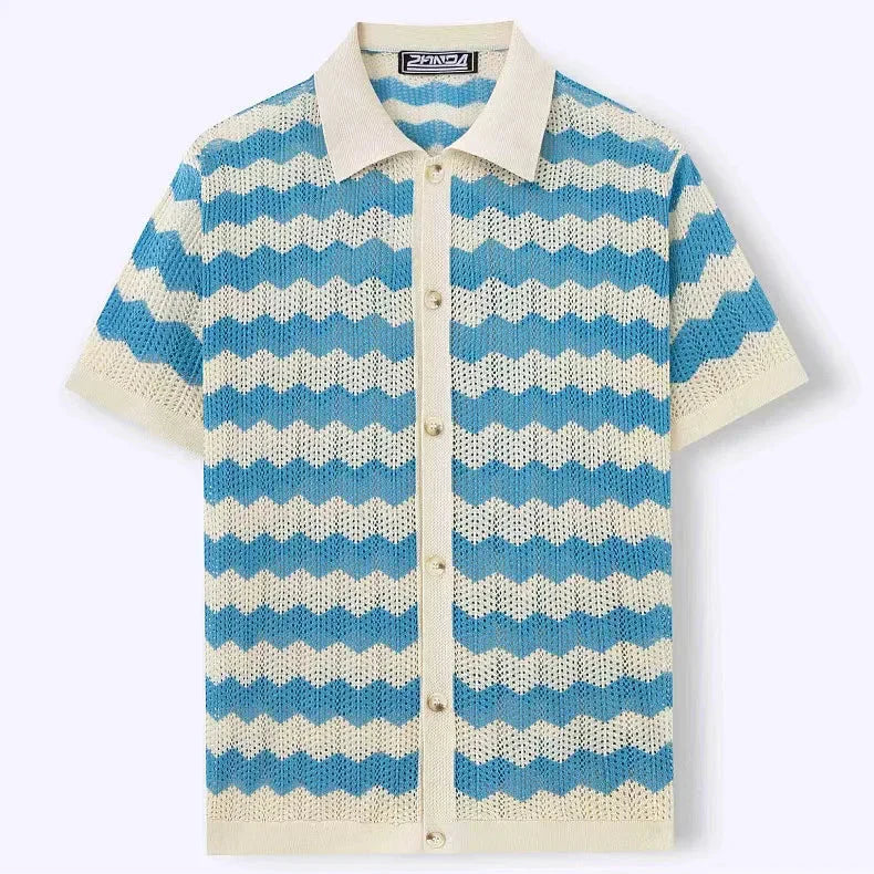 Men's short sleeve chevron knit camp shirt styled for smart-casual summer wear