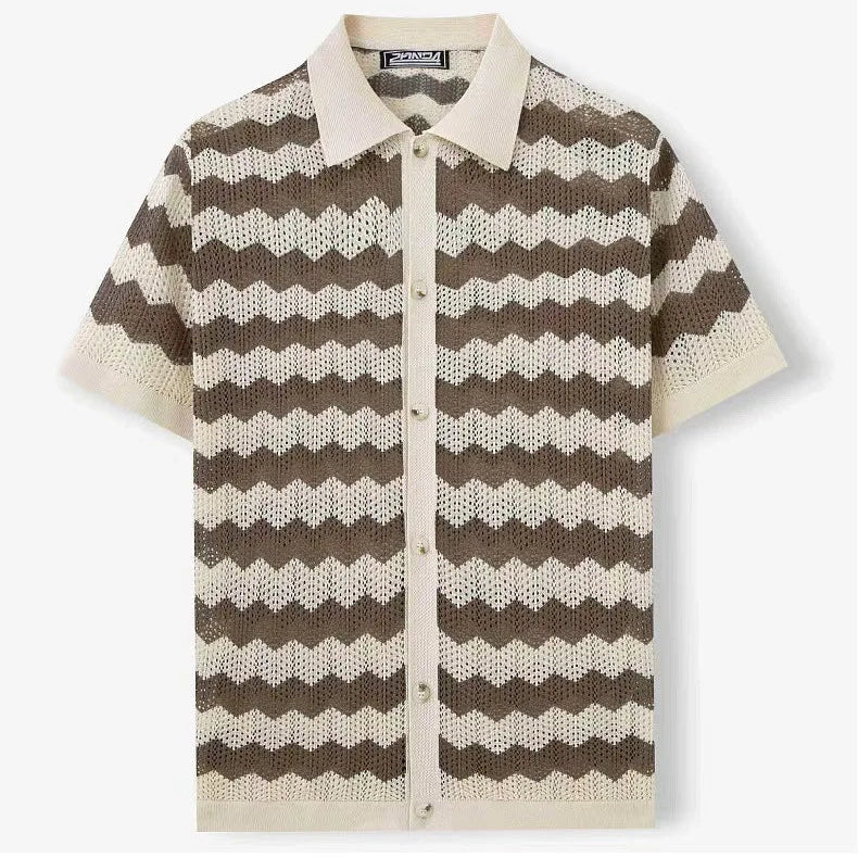 Men's retro camp shirt with chevron knit pattern and open collar detail