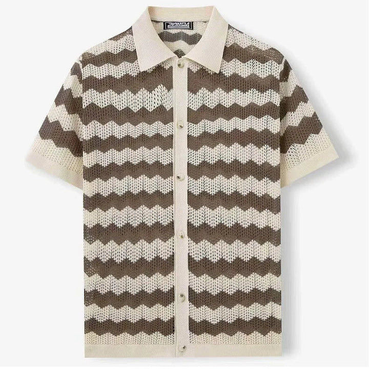 Men's retro camp shirt with chevron knit pattern and open collar detail