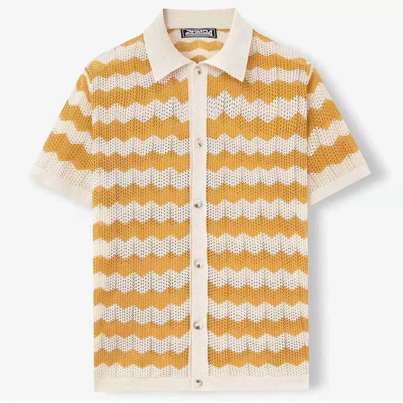 Full-length view of men's chevron knit camp shirt styled as a summer outfit
