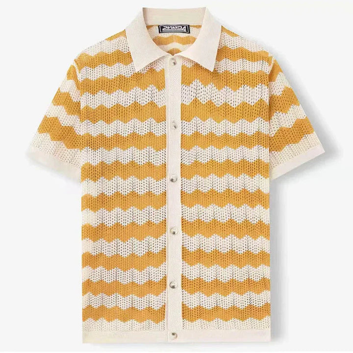 Full-length view of men's chevron knit camp shirt styled as a summer outfit