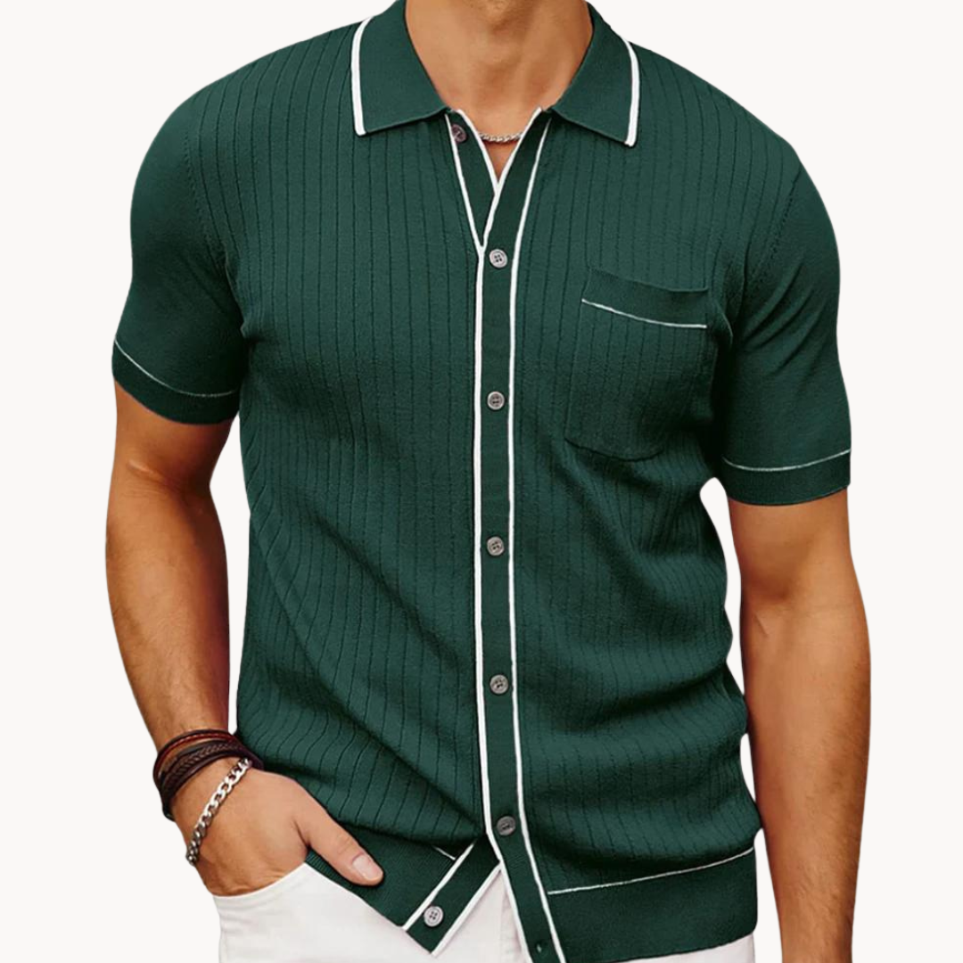 Front view of men's polyester polo shirt with rib knit texture and button placket
