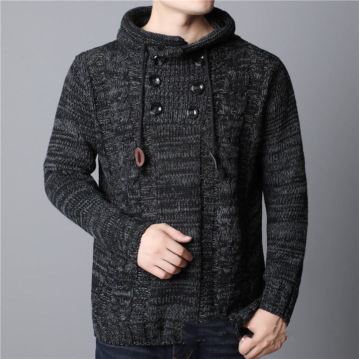 Close-up showing the chunky knitted texture and hood of the men's hoodie