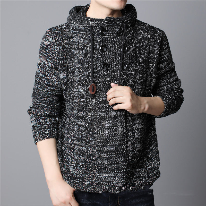 Front view of a men's knitted hoodie with a cosy chunky texture