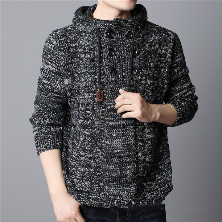 Front view of a men's knitted hoodie with a cosy chunky texture