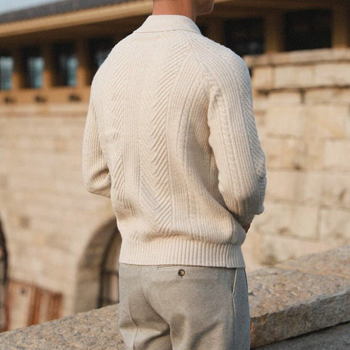 Men's jumper showing the button collar and long sleeves