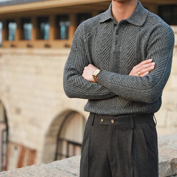 Full view of a men's button collar knit jumper