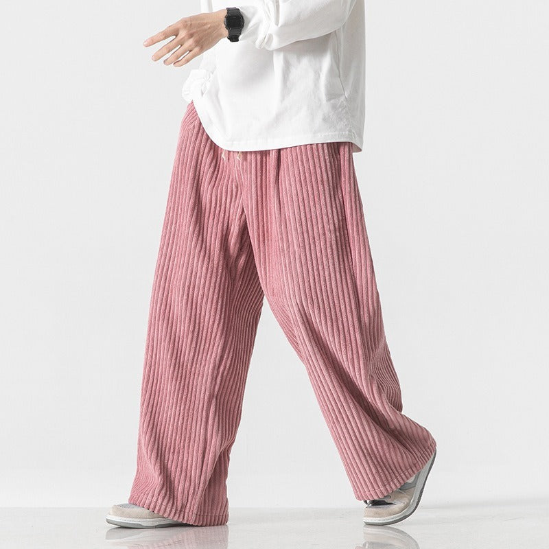 Men's corduroy sweatpants with relaxed tapered fit shown from the front