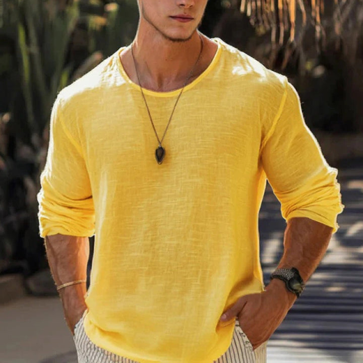 Men's long sleeve cotton linen T-shirt in a relaxed fit, front view